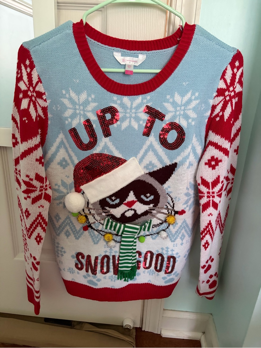Festive Cat Graphic Holiday Sweater - Light Blue & Red